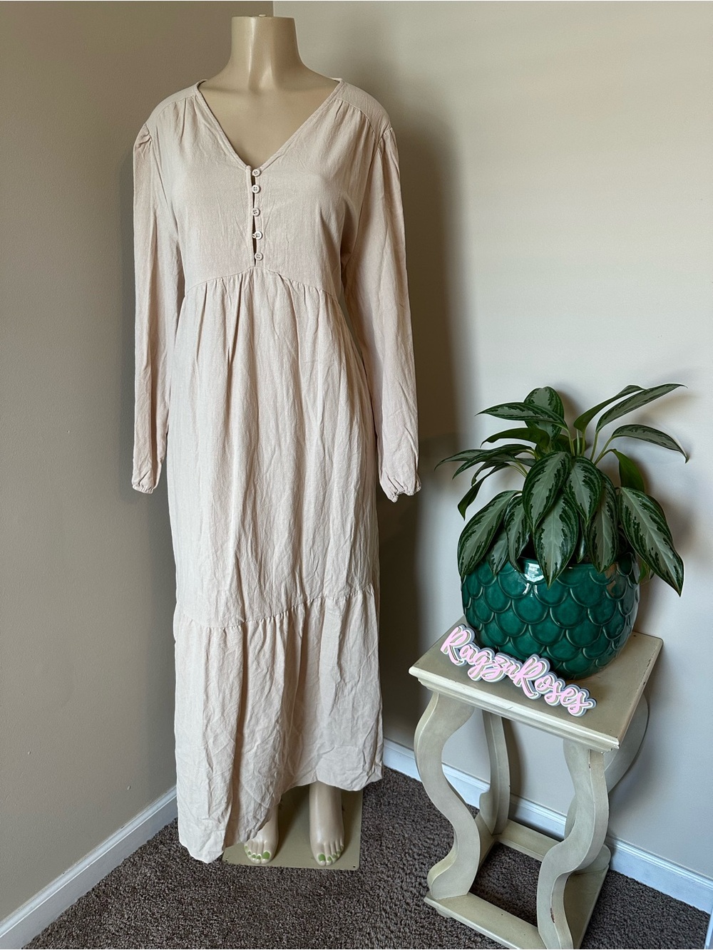 ZanZea Collection Cream Button-Front Long Sleeve Maxi Dress